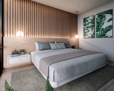 Dormitorio con listones de madera y decoración botánica.