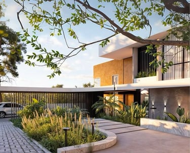 Fachada moderna con jardines y diseño volumétrico.