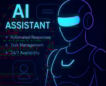 a robot with a headphones and a blue background with the words ai assistant