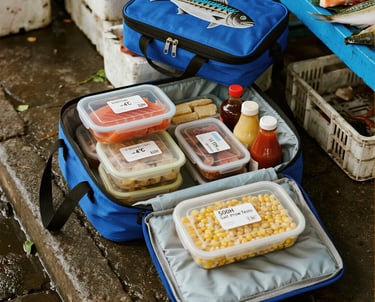 delivery bag in work in a fresh seafood mall
