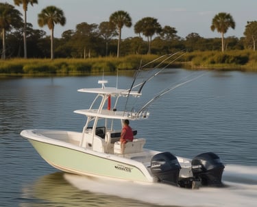 A small, mint-green motorboat with a cabin docked among other boats in a marina, surrounded by calm, clear water. The boat has a simple design with windows on the cabin and a white hatch on the deck.