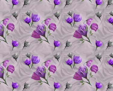a bunch of purple flowers on a grey satin look background