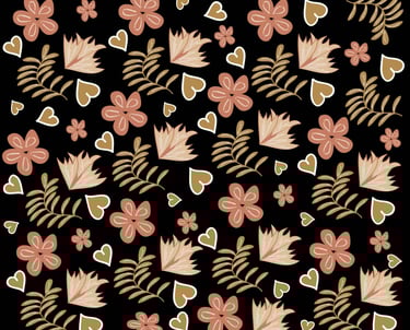 a beige, dark peach and cream color motif pattern of hearts, floral patternern with hearts