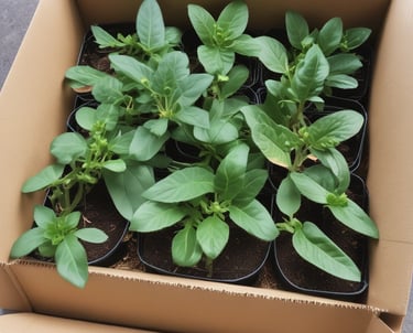 Various potted plants and flowers are neatly arranged on display, including green leafy plants, white roses, and bright yellow blossoms. Blackboard signs with handwritten prices are placed amongst the pots. The setup appears to be outdoors or in a garden shop.