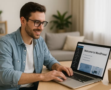 a man sitting at a table with a laptop computer