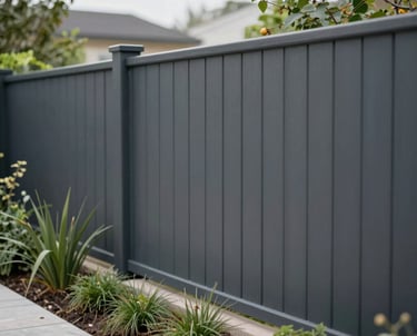 A modern, tidy garden with a newly installed wooden fence and well-maintained flower beds.