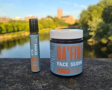 Cafine skincare products on worcester bridge with cathedral in the background