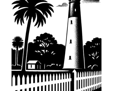 Black and white silhouette picture of Hunting Island Lightouse