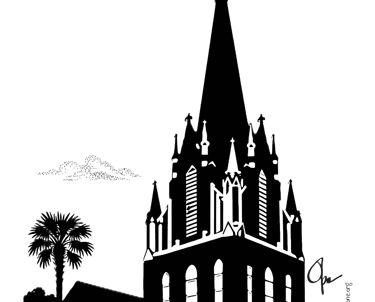 Black and white silhouette image of the Minor Basilica of St Peter