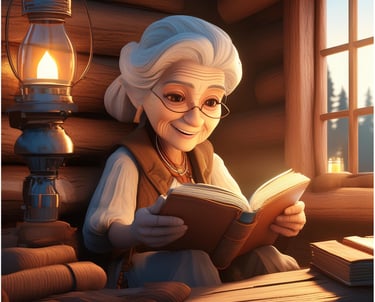 Charming country grandmother in cozy cabin reading a good book beside a kerosene lamp.