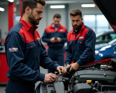 Mechanics repairing a car engine inside a professional auto repair shop for quality service 