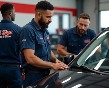 Mechanics inspecting a car at an auto repair shop, ensuring quality maintenance and professional