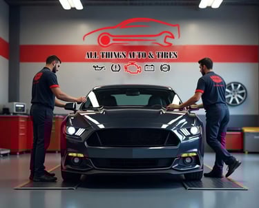 Two mechanics at All Things Auto & Tires inspecting a black sports car inside a modern auto repair s