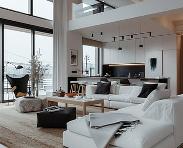 Imagen de una gran sala de estar que combina blancos, negros y colores cálidos 