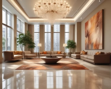 A stylish interior with a blue-painted wall adorned with two framed artworks featuring figures in red clothing. The wall hosts metallic balloon letters spelling 'HAPPY'. Below, a round, dark marble table is surrounded by three blue upholstered chairs, with one holding a small plate with dessert.