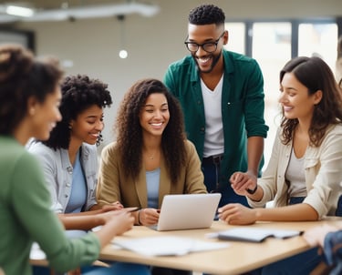 a group of people sitting around a table with a laptop