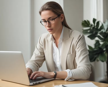 a woman in a suit and glasses is sitting at a desk