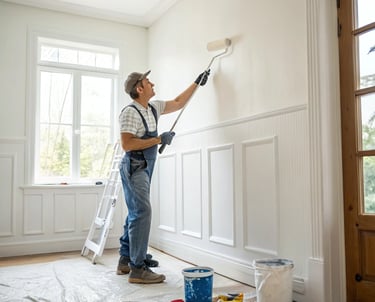 a man painting a wall with a roller brush