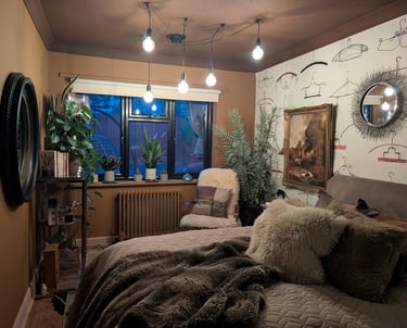 Cozy eclectic bedroom with earthy brown walls, faux fur bedding, indoor plants, and vintage decor.