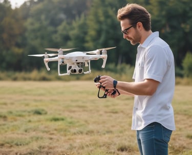 A drone is captured in mid-flight, surrounded by a backdrop of lush green foliage. The drone is dark gray with rotors spinning and a camera attached to its front.