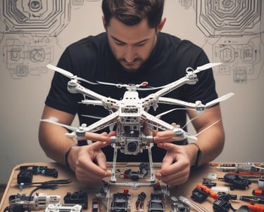 A small drone hovers in the air against a backdrop of a lush green park with trees. A road runs alongside the park, with a blurred pedestrian in the background. The setting appears peaceful and natural.