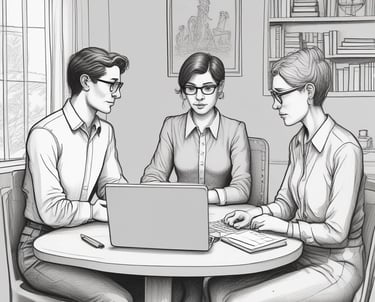 A professional team collaborating around a table with laptops and documents.