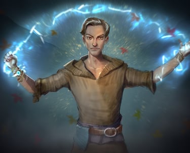 a man with a ring of blue lightning emanating from his hands