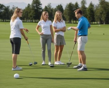 Gruppe von drei weiblichen und einem männlichen Golfspieler auf der Driving Range