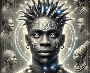 a yound Black God with a beautiful hairstyle and spiritual art dotted around him with trance people 
