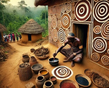 an african village scene with thatch huts aand ceremonial mbari decorated with Uli art. A witch doct