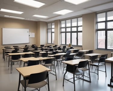 A building entrance with metal barred doors and windows, featuring signs indicating it belongs to a faculty for high-quality training. The facade is white, and there are red fire extinguishers and safety notices mounted on the wall next to the entrance.