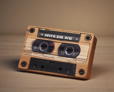 A cozy wooden cassette with a glowing QR code and animated sound waves around it.