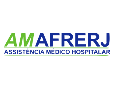 Logomarca da empresa AMAFRERJ, com predominância das cores branco, verde claro e azul marinho.