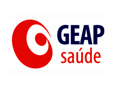 Logomarca da empresa GEAP Saúde, com predominância das cores branco, vermelho vivo e azul escuro.