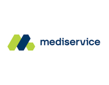 Logomarca da empresa Mediservice, com predominância das cores branco, verde claro e azul marinho.