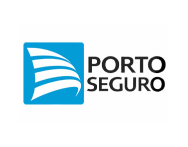 Logomarca da empresa PORTO SEGURO, com predominância das cores branco, preto e azul celeste.