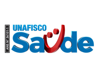 Logomarca da empresa UNAFISCO Saúde, com predominância das cores branco, vermelho e azul.