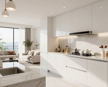 A pristine luxury kitchen and living area bathed in natural light, highlighting spotless surfaces and elegant decor.