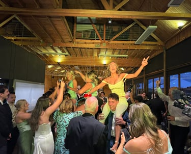 Full wedding dancefloor with DJ TUX providing professional event entertainment.