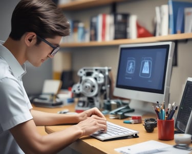 A technician assembling electronic devices in a workshop.