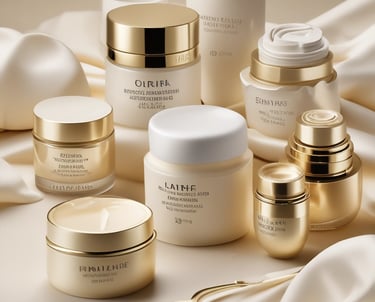 Close-up of elegant skincare products arranged on a marble surface with soft natural light.