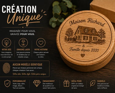Custom engraved wooden box featuring a house illustration and personalized family name.