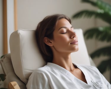 a woman is sitting in a chair with her eyes closed in comfort 