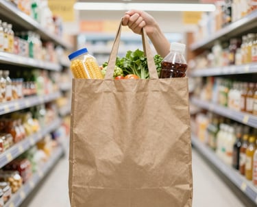 A delivery person handing over a package to a smiling customer at their doorstep in a lively city neighborhood.
