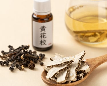 Close-up of fresh green herbs and roots arranged on a wooden table.