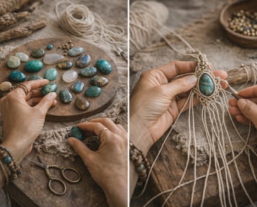 Manos artesanas tejiendo un collar de macramé artesanal con labradorita y fibras naturales.