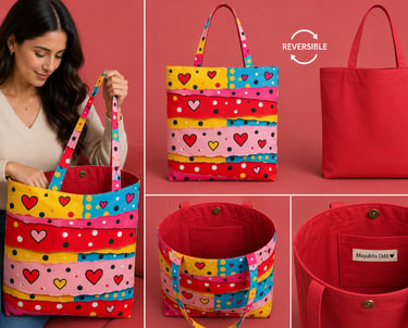 Bolso tote reversible de lona con un colorido estampado de parches de corazones y lunares.