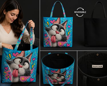 Un bolso tote reversible con un divertido dibujo de un gato de estilo caricatura sobre fondo azul.