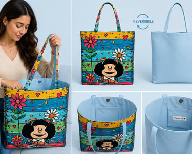 Bolso tote azul reversible con un colorido estampado del personaje de historieta Mafalda 