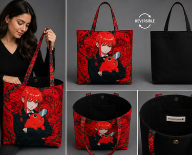 Bolso reversible de anime de *Chainsaw Man* (Makima y Pochita), con interior negro 